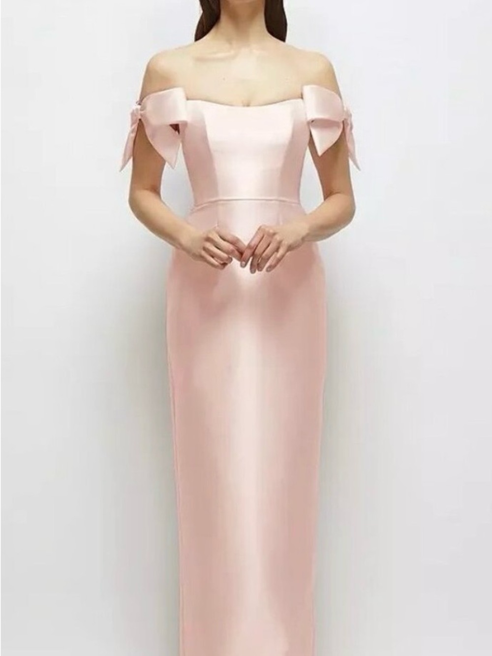 Dressy group ballet pink off the shoulder satin gown with bows D883 size 0